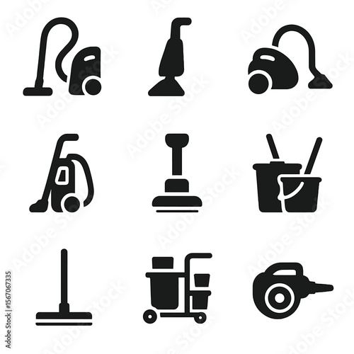 Cleaning Tools Icons. Solid, filled icon set of cleaning equipment: vacuum cleaner, carpet cleaner, steam cleaner, pressure washer