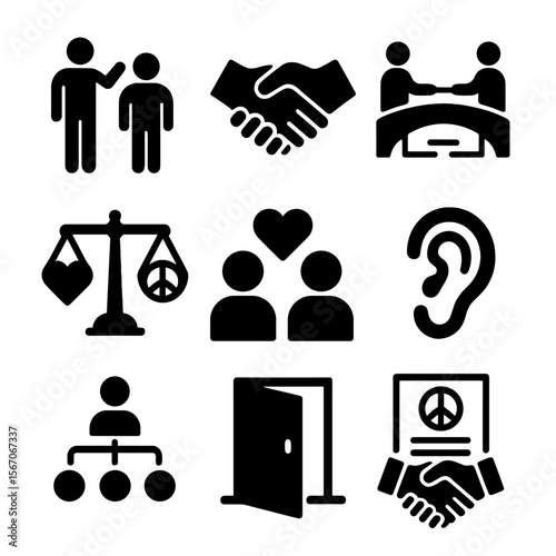 Conflict Resolution Icons. Solid, filled icons set of conflict resolution in teams: mediation icon, neutral
