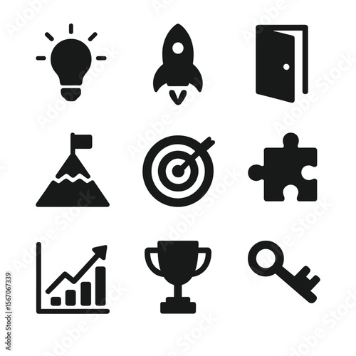 Breakthrough Icon Set. Solid, filled icon set of breakthrough concepts: light bulb, rocket launch, open door, mountain peak,