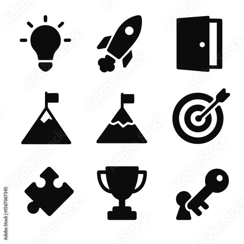 Breakthrough Icon Set. Solid, filled icon set of breakthrough concepts: light bulb, rocket launch, open door, mountain peak,