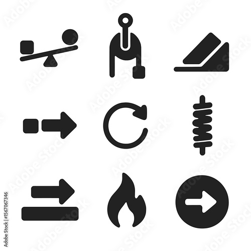 Classical Mechanics Icons. Solid, filled icon set of classical mechanics: lever, pulley, inclined plane, force, torque, spring,