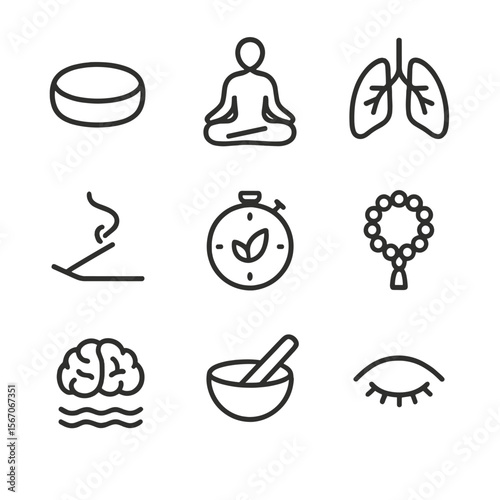 Meditation Icon Set. Outline icon set of meditation and breathing exercises: meditation cushion, lotus pose silhouette, breathing