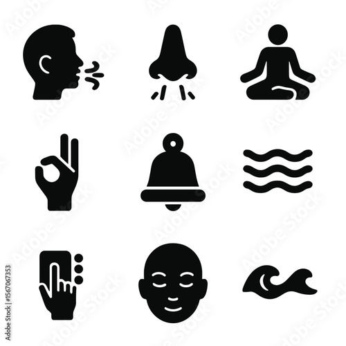 Breathing and Meditation Icons. Solid, filled icon set of breathing and meditation: deep breath icon, nose breathing, pranayama