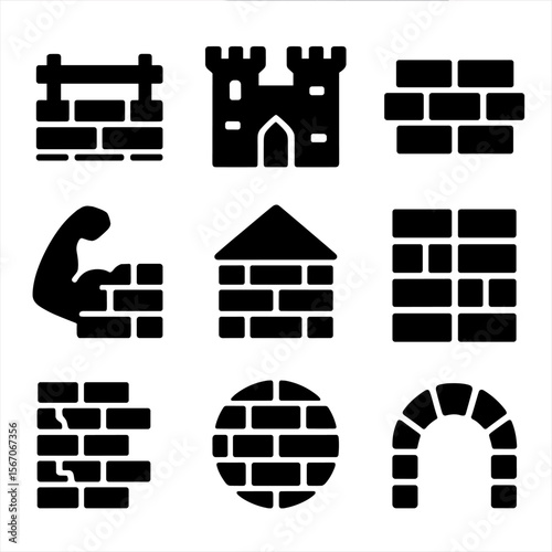 Brick Wall Icons. Solid, filled icon set of brick wall symbolic elements: barrier, fortress, foundation, strength, shelter,