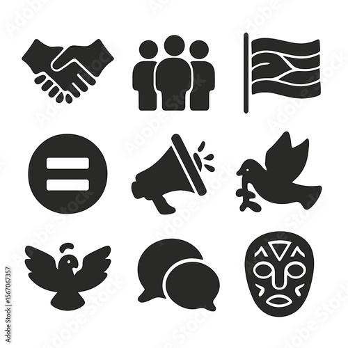 Intersectional Activism Icons. Solid, filled icon set of intersectional activism: handshake, group of people, diversity flag,