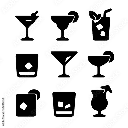 Classic Cocktail Icons. Solid, filled icon set of classic cocktails: martini glass, margarita, mojito, old fashioned, cosmopolitan