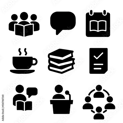Book Club Icon Set. Solid, filled icon set of book club activities: group reading, discussion bubble, calendar icon, tea cup, book