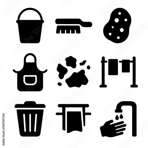 Clay Cleanup Icons. Solid, filled icon set of clay maintenance and cleanup: water bucket, cleaning brush, sponge, apron, clay