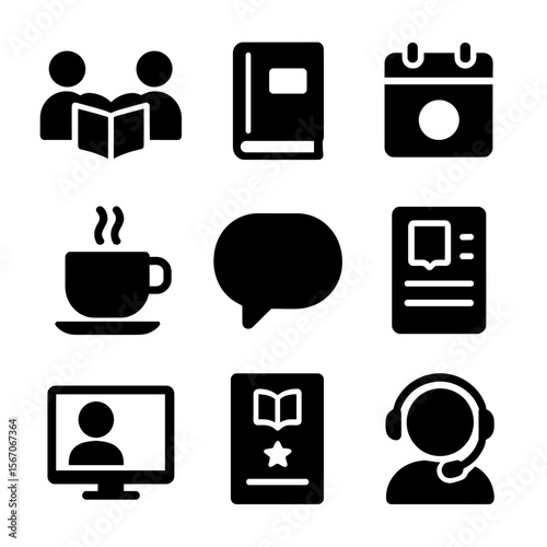 Book Club Icons. Solid, filled icon set of book club themes: discussion group, shared book, calendar date, cup of tea, chat bubble