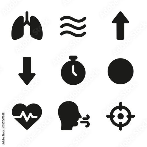 Breathing Exercise Icons. Solid, filled icon set of mindful breathing exercises: lung icon, breath flow, inhale arrow, exhale