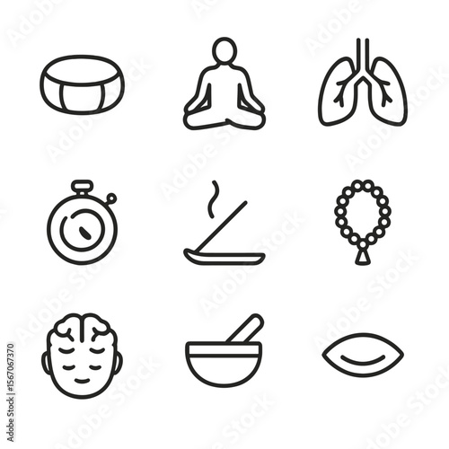 Meditation Icon Set. Outline icon set of meditation and breathing exercises: meditation cushion, lotus pose silhouette, breathing