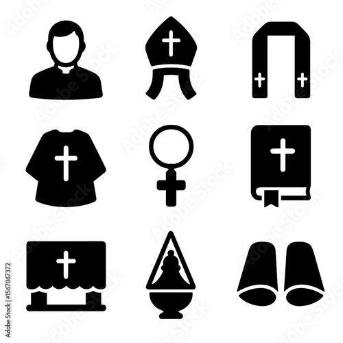 Clergy Icon Set. Solid, filled icon set of clergy in ceremonial robes: priest in robe, bishop mitre, stole scarf, chasuble garment