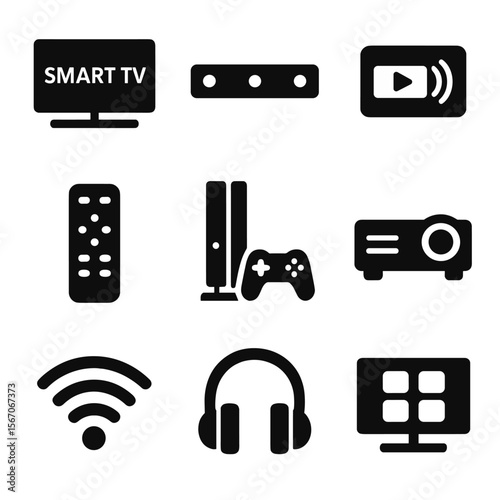 Connected Devices Icons. Solid, filled icons set of connected entertainment devices: smart TV, soundbar,