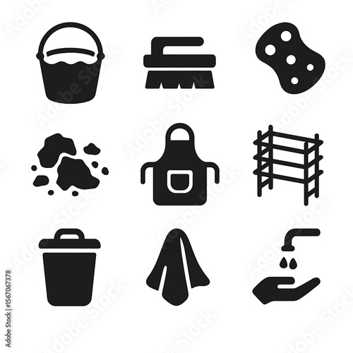 Clay Cleanup Icons. Solid, filled icon set of clay maintenance and cleanup: water bucket, cleaning brush, sponge, apron, clay