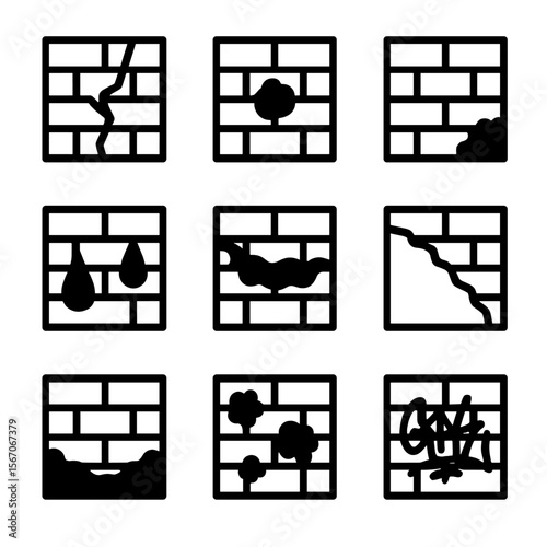 Brick Wall Damage Icons. Solid, filled icon set of brick wall damage types: cracks, holes, missing bricks, water stains,
