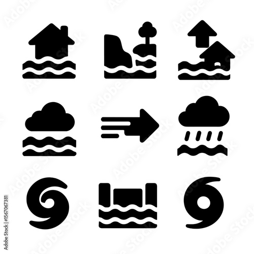 Climate Icons Set. Solid, filled icon set of climate and tide effects: coastal flood, erosion line, rising sea level, storm surge,