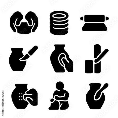 Clay Sculpture Techniques. Solid, filled icon set of clay sculpture techniques: pinching, coiling, slab rolling, carving,
