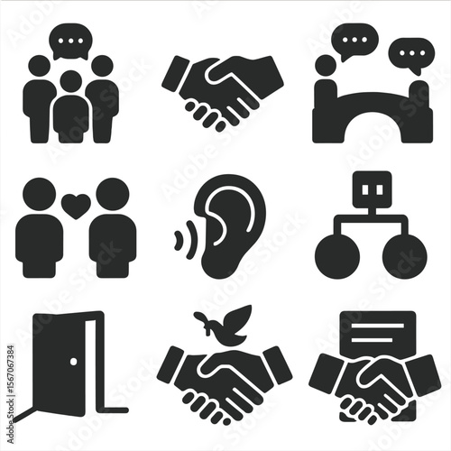 Conflict Resolution Icons. Solid, filled icons set of conflict resolution in teams: mediation icon, neutral