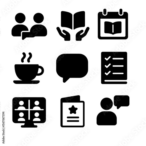 Book Club Icons. Solid, filled icon set of book club themes: discussion group, shared book, calendar date, cup of tea, chat bubble