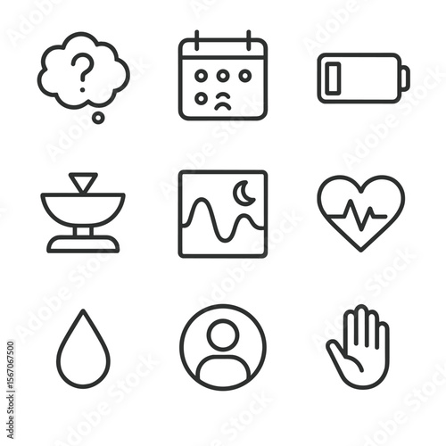 Mental Health Icons. Outline icon set of recognizing signs and symptoms: thought cloud with question mark, mood tracker calendar,