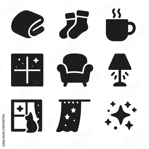 Cozy Night Icons. Solid, filled icons set of cozy night indoors with stars outside: blanket, warm socks, cocoa