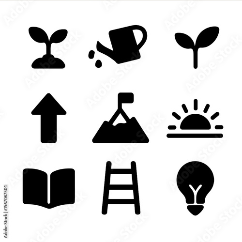 Introspection Growth Icons. Solid, filled icon set of introspection growth: seedling, watering can, sprout, arrow up, mountain