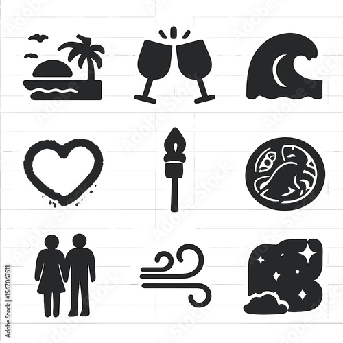 Beachside Date Icons. Solid, filled icons set of beachside dinner dates: sunset view, clinking glasses, ocean