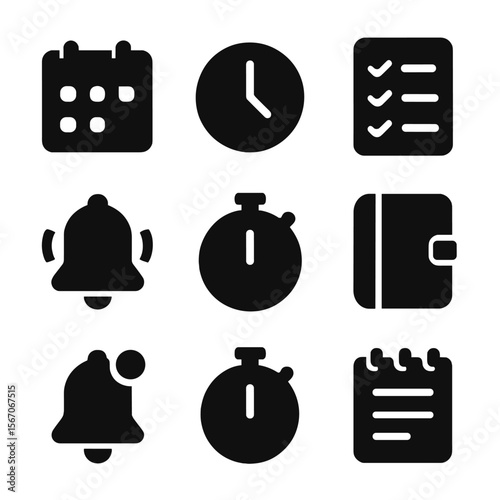 Cleaning Schedule Icons. Solid, filled icon set of cleaning schedules: calendar, clock, checklist, alarm bell, timer, planner,