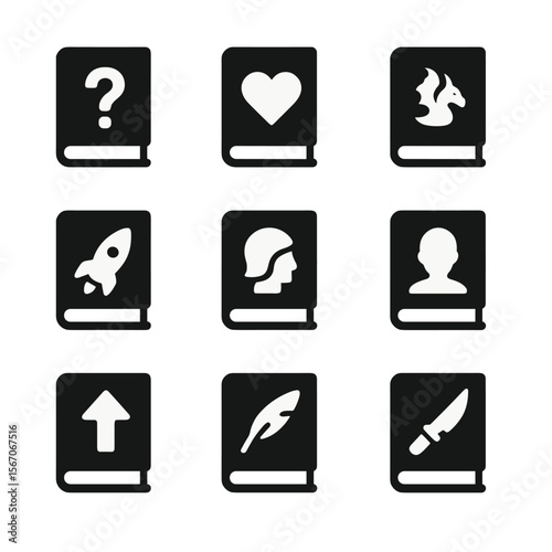 Book Genre Icons. Solid, filled icon set of book genres: mystery novel, romance book, fantasy tome, science fiction, historical