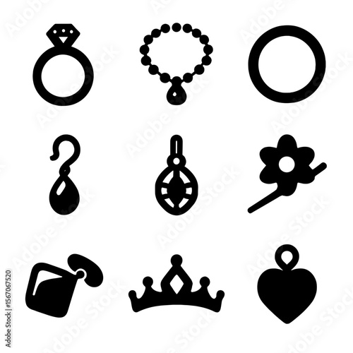 Jewelry Icon Grid. Solid, filled icon set of jewelry types: ring, necklace, bracelet, earring, pendant, brooch, cufflink, tiara,