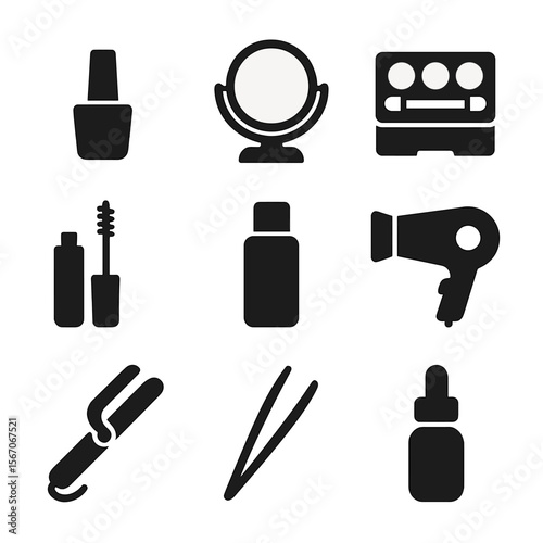 Beauty Icons Grid. Solid, filled icons set of beauty accessories near vanity mirror: nail polish, eyeshadow