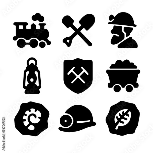 Coal Heritage Icon Set. Solid, filled icon set of coal history and heritage: steam locomotive, old mining tools, vintage miner,