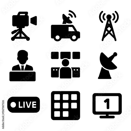 Broadcasting Icons Grid. Solid, filled icon set of television broadcasting: studio camera, broadcast van, antenna tower, TV host,