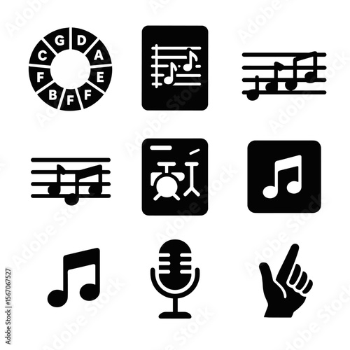 Jazz Improvisation Tools. Solid, filled icon set of jazz improvisation tools: chord wheel, scale chart, solo line, motif icon,