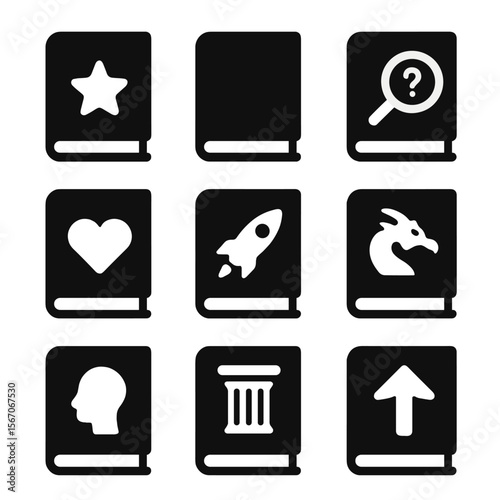 Book Genre Icons. Solid, filled icon set of book genres: fiction, non-fiction, mystery, romance, science fiction, fantasy,
