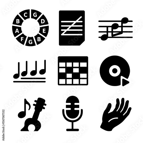 Jazz Improvisation Tools. Solid, filled icon set of jazz improvisation tools: chord wheel, scale chart, solo line, motif icon,