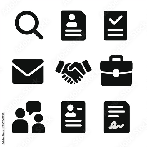 Job Search Icons. Solid, filled icon set of job search: magnifying glass, job listing, application form, email, handshake,