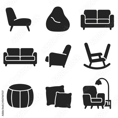 Cozy Seating Icons. Solid, filled icons set of cozy living room seating: lounge chair, bean bag, loveseat,