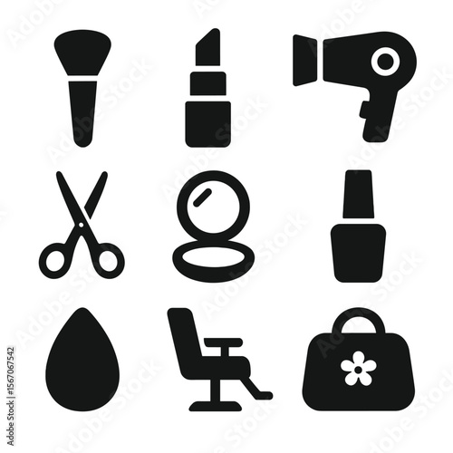 Beauty Icon Grid. Solid, filled icons set of beauty and grooming services: makeup brush, lipstick icon,