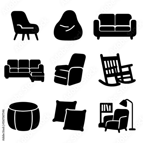 Cozy Seating Icons. Solid, filled icons set of cozy living room seating: lounge chair, bean bag, loveseat,