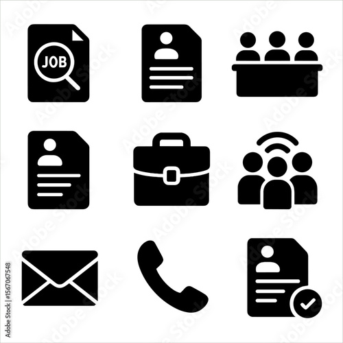 Job Search Icons. Solid, filled icon set of job search activities: job listing, application form, interview panel, cover letter,