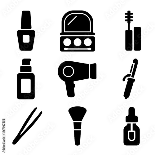 Beauty Icons Grid. Solid, filled icons set of beauty accessories near vanity mirror: nail polish, eyeshadow