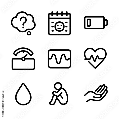 Mental Health Icons. Outline icon set of recognizing signs and symptoms: thought cloud with question mark, mood tracker calendar,