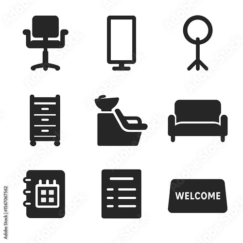 Beauty Salon Icons. Solid, filled icons set of beauty salon equipment: styling chair, full mirror, ring light,