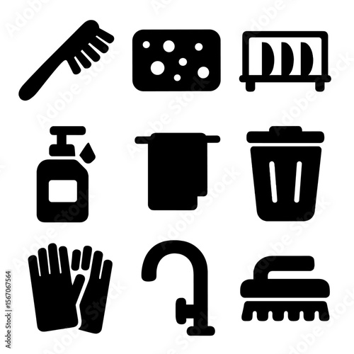 Cleaning Tools Icons. Solid, filled icon set of cleaning and maintenance tools: dish brush, sponge, drying rack, soap dispenser,