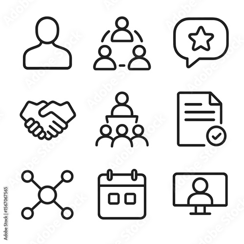 Mentorship Icon Set. Outline icon set of mentorship and peer collaboration: mentor silhouette, group discussion circle, feedback