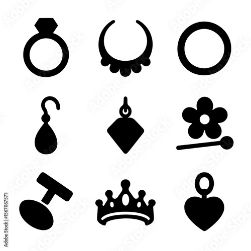 Jewelry Icon Grid. Solid, filled icon set of jewelry types: ring, necklace, bracelet, earring, pendant, brooch, cufflink, tiara,
