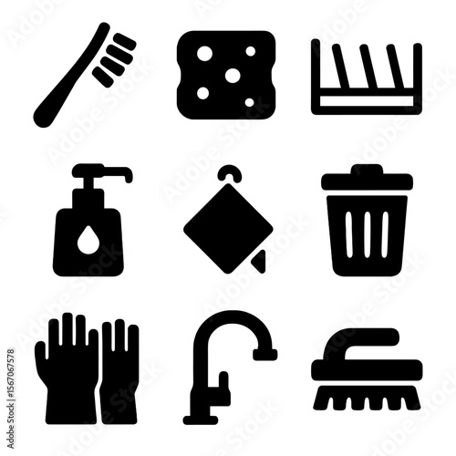 Cleaning Tools Icons. Solid, filled icon set of cleaning and maintenance tools: dish brush, sponge, drying rack, soap dispenser,