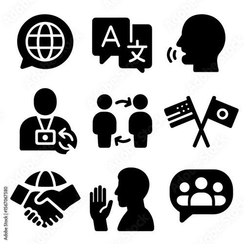 Cross-Cultural Communication Icons. Solid, filled icons set of cross-cultural communication: speech bubble