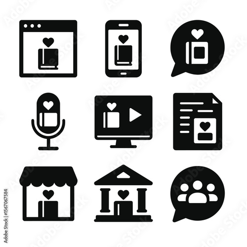 Book Platform Icons. Solid, filled icon set of book recommendation platforms: website, mobile app, social media, podcast, video